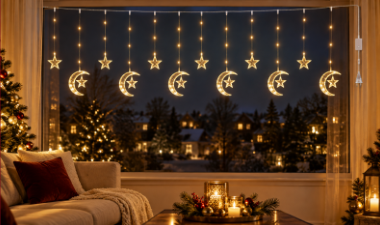 TECNOWORLD Ay Yıldız Perde – 3 × 0,5 m, 120 LED, IP44, Şeffaf Kablo, 8 animasyonlu